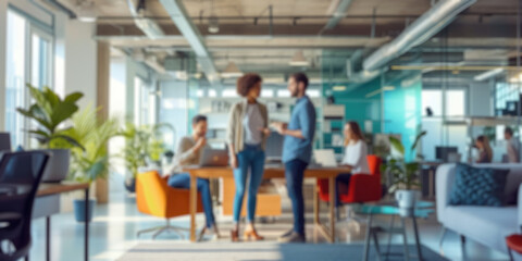 Blurred photo capturing the dynamic atmosphere of a modern open-plan office with people engaged in discussion and work. Resplendent.