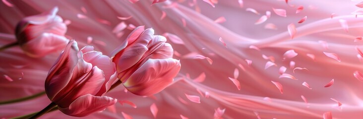 flowers of pink tulips with petals spread on a pink background