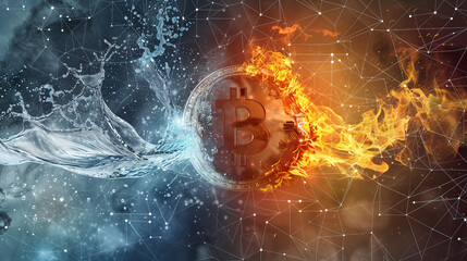 Conceptual Image of Bitcoin with Water Splash and Network Graphics - obrazy, fototapety, plakaty