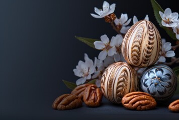 delicious easter chocolates and pecans on dark background