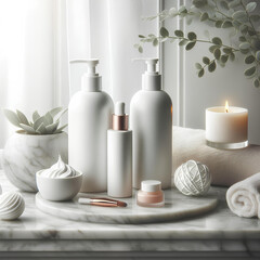 white bottles and tubes with cosmetics on white marble shelf in the bathroom for relax spa card decor