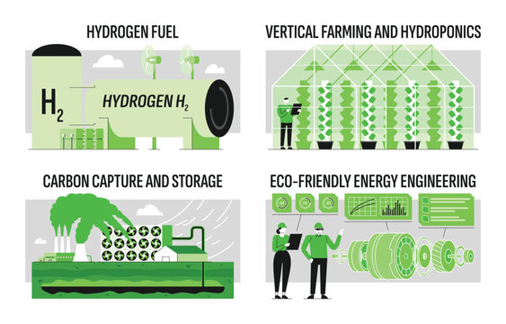 Production and implementation of environmental technologies.. Set of vector illustration.