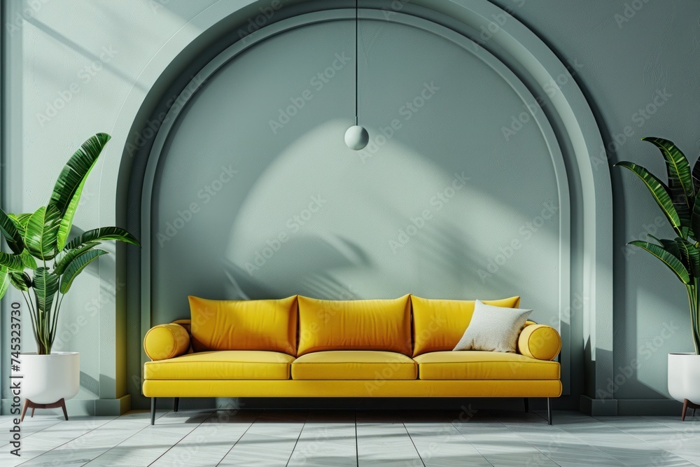 Wall mural modern living room with bright colors and a yellow couch with green plant