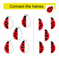 Logic game. Find the halves of ladybugs. Printable page for brainteaser book.