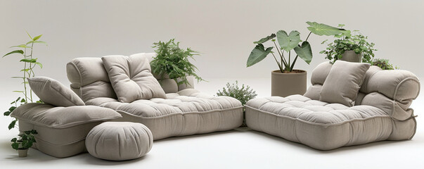 Modern Cozy Sofa with Indoor Green Plants