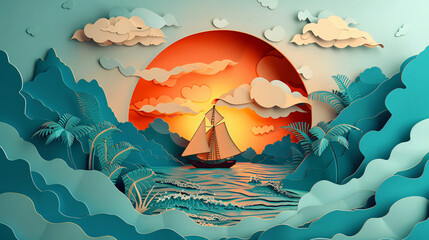 A paper cut art by Chinese painters with a sail