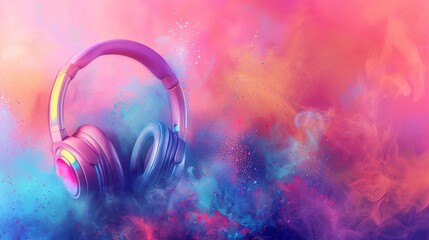 abstract colorful banner with headset headphones and musical instruments design, symbolizing the power of music - obrazy, fototapety, plakaty