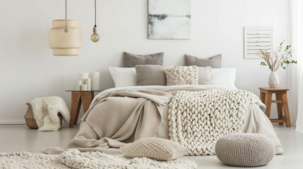 Modern Scandinavian Bedroom with Chunky Knits and Monochrome Palette
