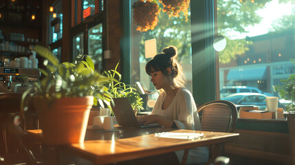Mulher trabalhando em um café aconchegante com luz solar e laptop em close up - obrazy, fototapety, plakaty