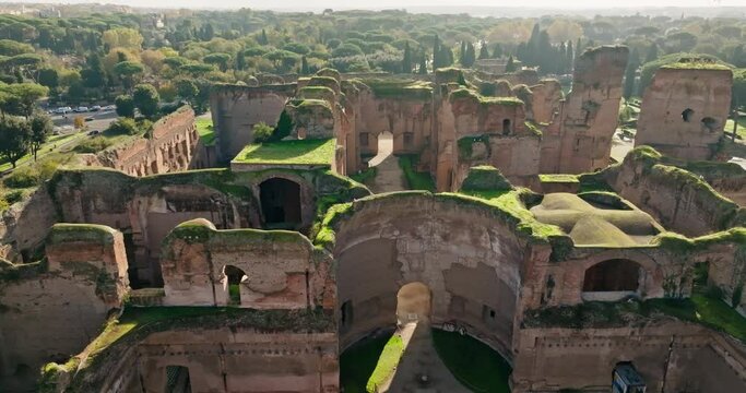 Traversing Time: Aerial Glimpses of the Majestic Baths of Caracalla Ruins in Rome, Italy, Revealing the Splendor of Ancient Roman Architecture within the Halls of the National Archaeological Museum.
