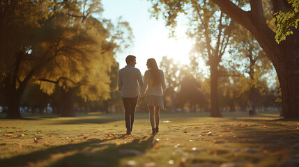 Um casal jovem caminhando de mãos dadas ao longo de um caminho ensolarado em um parque exuberante - obrazy, fototapety, plakaty