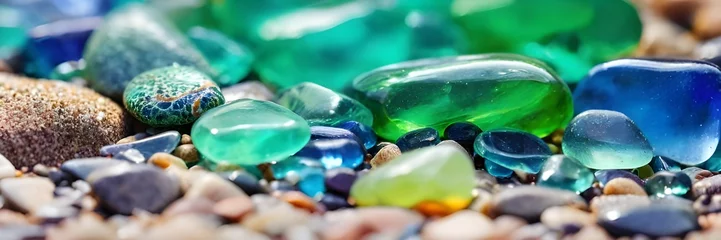Foto op Canvas Colorful gemstones on a beach Polish textured sea glasses © Guddah