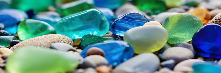 Colorful gemstones on a beach Polish textured sea glasses