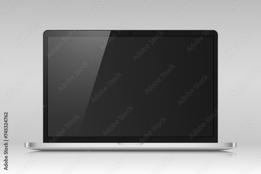 Wall mural realistic laptop layout with a black screen and reflection on a gray gradient background. vector ill