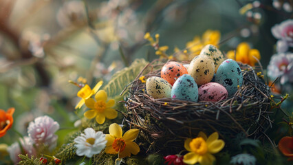Fototapeta na wymiar Nestled Easter Eggs Amongst Spring Florals