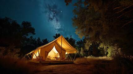 Under a starlit sky, a luxurious glamping tent glows invitingly amidst the tranquil forest