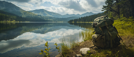 A traveler's backpack overlooks a tranquil lake, reflecting a journey through the heart of nature's solitude