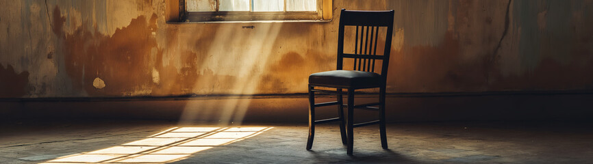 A solitary chair basks in the golden sunlight streaming through a window, creating a mood of quiet contemplation