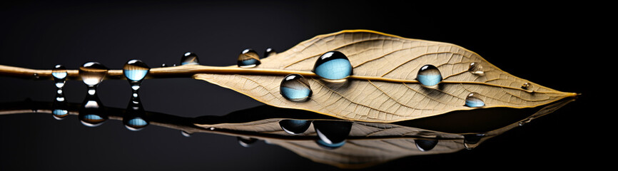 A dried leaf, adorned with pristine water droplets, reflects nature's intricate beauty against a dark backdrop