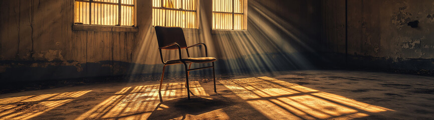 Shafts of light pierce through the windows, casting a dramatic glow on a solitary chair in an abandoned room