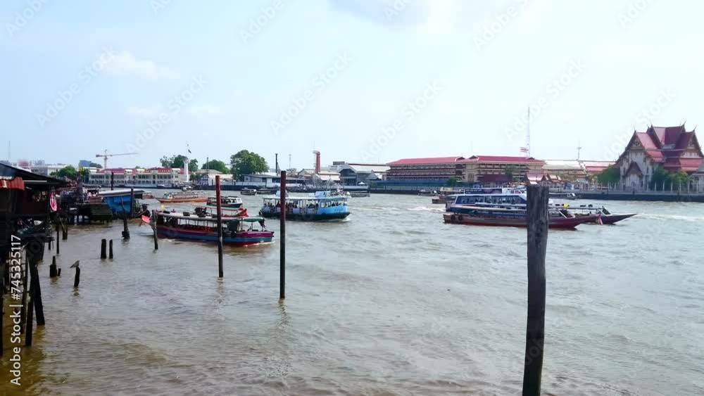 Wall mural Chao Phraya riverside view from Tha Maharaj pier, Bangkok, Thailand