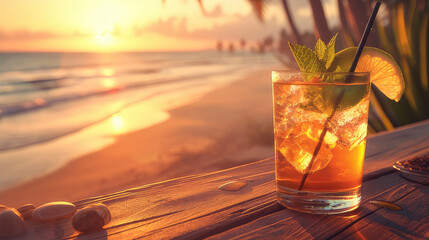 Cocktailgenuss beim Sonnenuntergang am Strand - obrazy, fototapety, plakaty