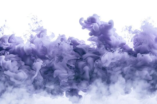 Explosive set of purple smoke clouds Captured against a stark white background Depicting the ethereal and dynamic nature of smoke art.