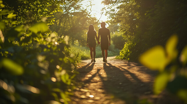 Um casal jovem caminhando de mãos dadas ao longo de um caminho ensolarado em um parque exuberante
