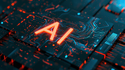 Ai Concept on Circuit Board with Glowing Neon Lights