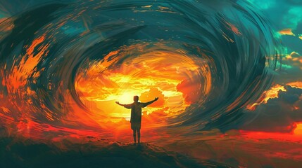 dramatic sunset silhouette with swirling energy fields, person stands with outstretched arms against twilight backdrop, evoking spiritual meditation