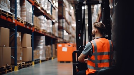Forklift in warehouse with male driver checking stock and preparing products for shipment
