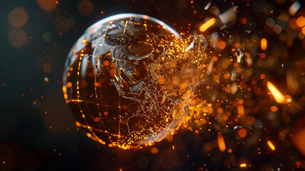 Shattered Glass Globe with Digital Network and Glowing Sparks Concept