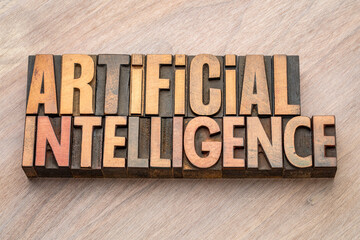 artificial intelligence word abstract in vintage letterpress wood type, technology concept