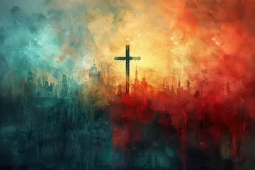 Fotobehang Cross of Jesus Christ on a colorful watercolor background. Illustration © Poulami