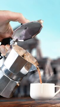 Enjoying espresso in front of the Colosseum in Rome. Vertical story, happy week video