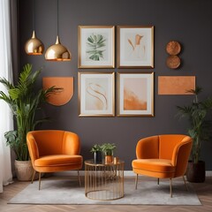 Stylish compositon of retro home interior with mock up poster frame, vintage orange chair, velvet sofa, design lamps, gold shelf, plants and elegant accessories. Nice home decor of living rooms.