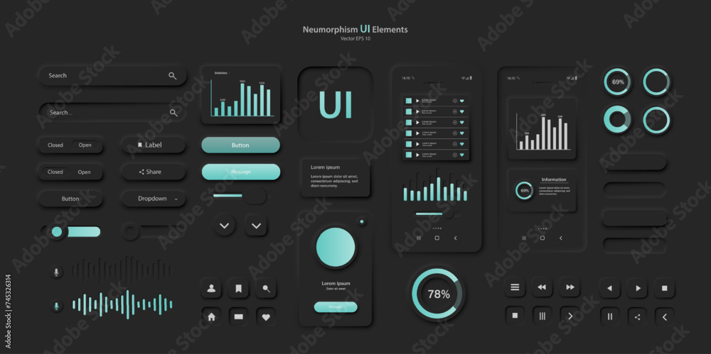 Poster user interface elements for a mobile application in black. a set for developing a modern website or 