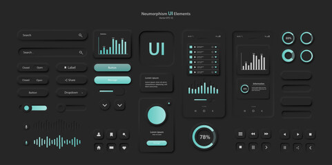 User interface elements for a mobile application in black. A set for developing a modern website or mobile application in the Neumorphism style. Vector EPS 1 0.