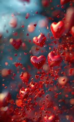 the 3d background of many red hearts falling into space