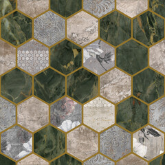 green marble background with hexagonal pattern