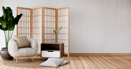 Interior mock up with armchair in japanese living room with empty wall.