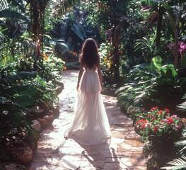 young woman walking in an outdoor botanical garden in a white gown
