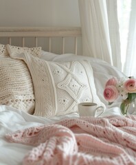 Fototapeta na wymiar white bed with crochet pillow and cup of coffee
