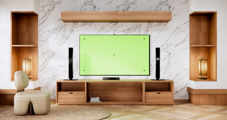Smart Tv Mockup with blank green screen hanging in modern white empty room interior minimal designs.