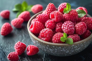Bowl of fresh raspberries sprinkled with water droplets and garnished with mint leaves on dark surface