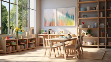 Modern kindergarten classroom interior design with educational toys and furniture - obrazy, fototapety, plakaty