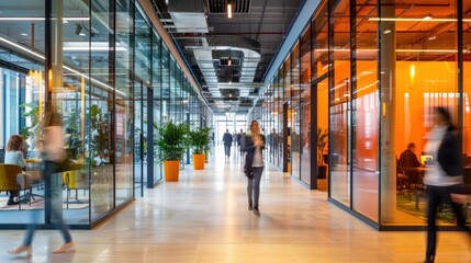 Obraz premium Vibrant business environment with individuals moving around in a blurred motion within a contemporary office setting.