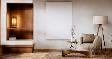 Interior mock up with armchair in japanese living room with empty wall. - obrazy, fototapety, plakaty