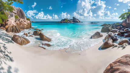 Pristine white sand beach with crystal clear turquoise waters in the Seychelles, granite boulders framing the serene scene, idyllic tropical paradise - obrazy, fototapety, plakaty