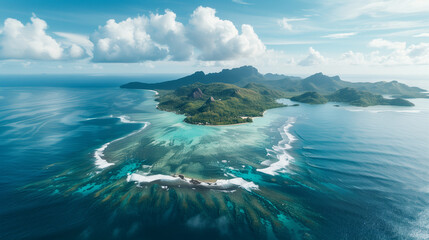 Aerial view of the Seychelles archipelago, lush islands scattered in the Indian Ocean, vibrant coral reefs visible beneath the surface, untouched natural beauty